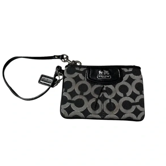 COACH Black Silver OP Art Wristlet GUC Logo Canvas Patent Leather Trim - Picture 1 of 6